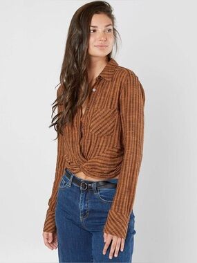Free People Lust For Life Brown Stripe Button Up Ruched Back Long Sleeve Cropped